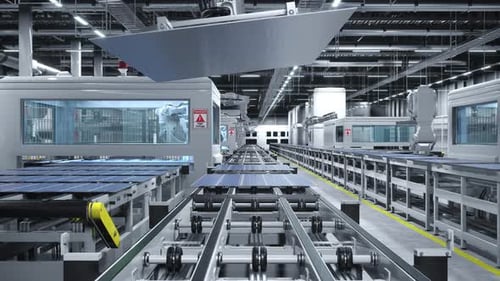 Bras robotiques autonomes dans une usine de panneaux solaires manœuvrant des modules photovoltaïques