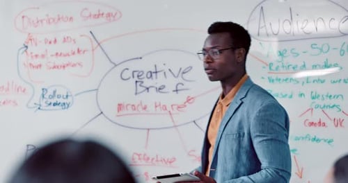 Adult Man presents Creative Brief at Workplace Meeting