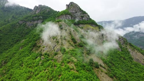 Nubes sobre hermosas montañas de verano, bosque verde, mágico paisaje natural, niebla matutina