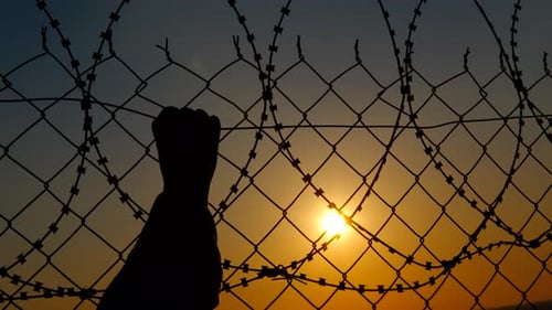 Hand Gripping Barbed Wire Fence at Sunset