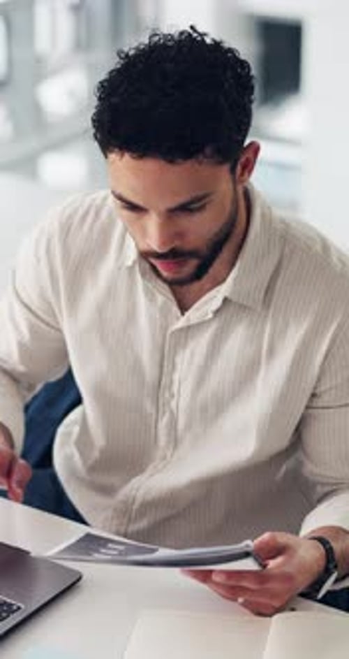 Business, laptop or man in office, documents or financial agency with checklist for profit growth