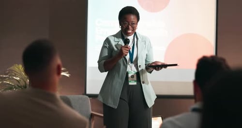 Seminar, speaker and business woman with presentation on leadership development in office