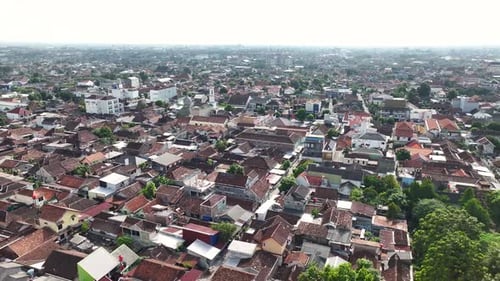 Yogyakarta, Java, Indonesia. Amazing drone panoramic over urban area, cityscape.