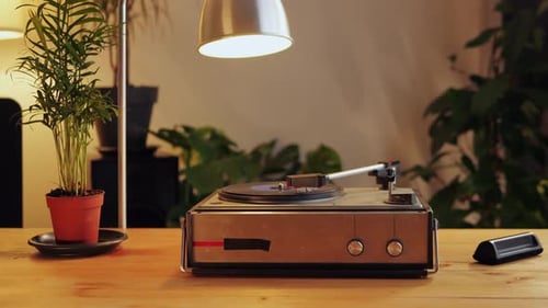 Retro Record Player on Wooden Table