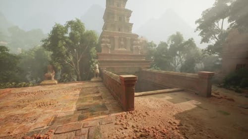 Ancien temple caché dans la jungle luxuriante du Myanmar à la lumière du petit matin
