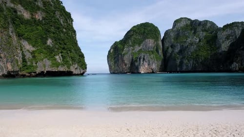 View of Limestone Cliffs and Tropical Beach at the Lagoon of Maya Bay Koh Phi Phi Thailand