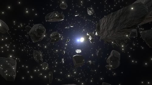 Dynamic Asteroid Field Fly Through in Dark Space