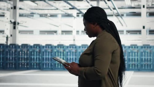 Data Center Engineer Runs Equipment Checkups with Tablet Device in Data Center
