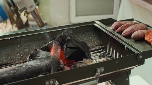 Hands of Man Using Gas-lighter when Preparing Barbecue for Party