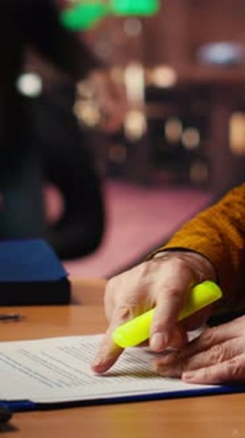 Vertical Video Elderly Student Using Highlighter Pen to Memorize Lesson Papers