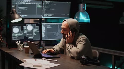 Young Programmer Talking on Phone Call in IT Developing Office