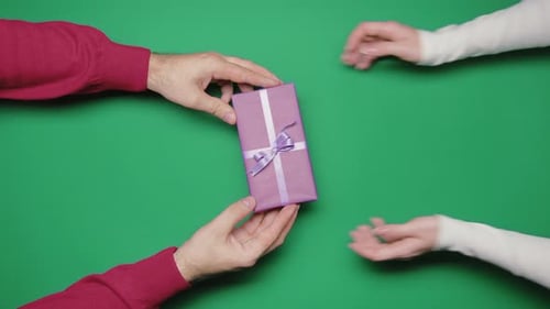 Man and Woman Exchange Christmas Gift in Violet Paper on Green Background Top