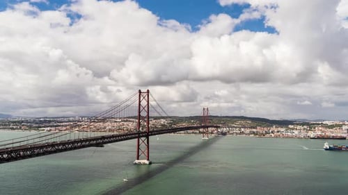 Timelapse of the city of Lisbon, portugal, April 25th Bridge with clouds passing behind it, movement