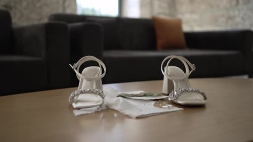 Bridal Shoes, Ring, and Invitation Close Up