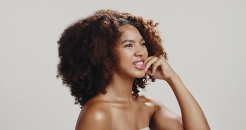 Skincare, thinking and beauty with woman in studio for dermatology on white background