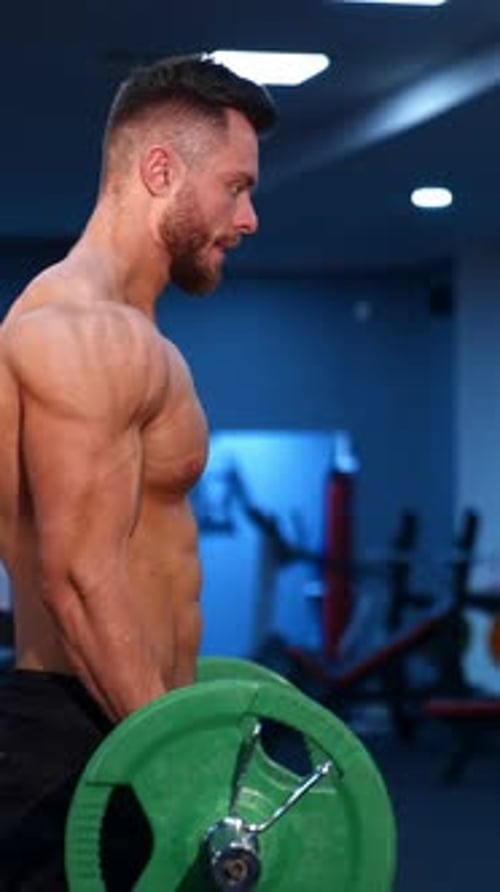 Muscular Man Doing Bicep Curls in Gym