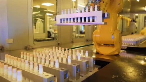 Moderne Fabrik für kosmetische Herstellung. Kosmetik-Make-up-Industrie. Automatisierte Maschine. Robotik-Ausrüstung