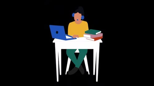 Animated Flat Design Person Learning or Working at Desk