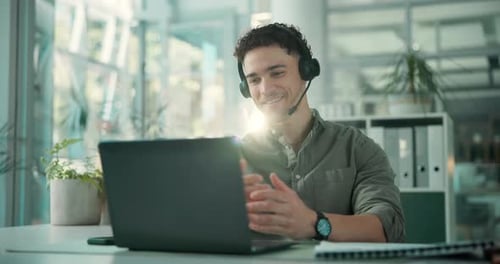 Headset, talking and business man on laptop in office for online advice