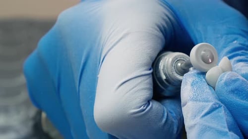 Dental Technician Polishing Teeth with Drill, Close Up