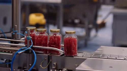 Bottled red gummy supplements on conveyor belt - multivitamin manufacturing