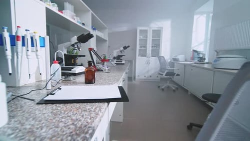 View of Empty Laboratory Microbiologist Working Place Microscope Biotechnology Instrument Chemical