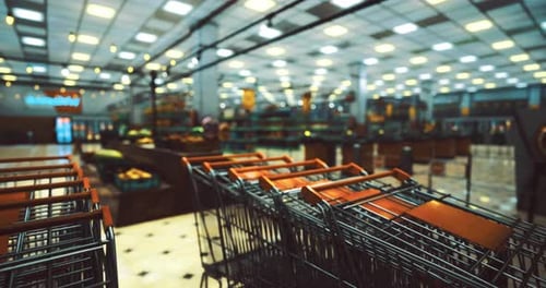 Grocery Store Interior with Shopping Carts Ready for Customers to Use