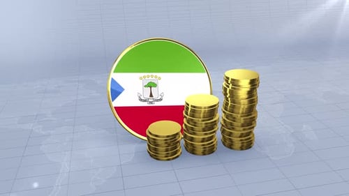 Equatorial Guinea Flag With Plain Gold Coins Tower