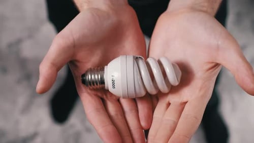 Close Up Hands Offering Spiral-CFL-Energiesparlampe