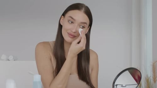 Woman Cleans Face with Cotton Pad in Home