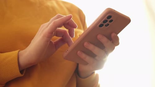 Woman Hand Holding Cell Phone Touch Screen Typing Scroll Page Using App Smartphone Mobile Phone