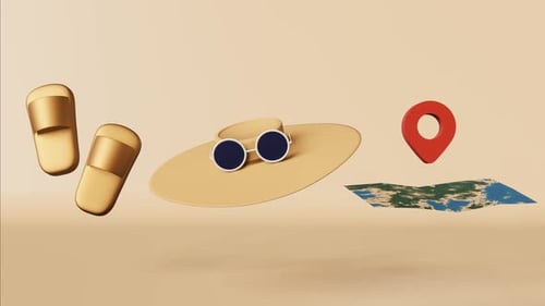 Animated 3D Travel Items with Map and Location Pin