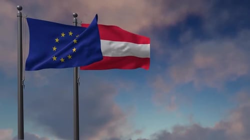 European Union and Austrian Flags Waving on Flagpoles