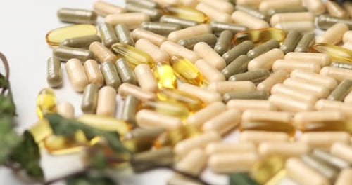 Rotation of Pills Medical Tablets with Green Plants Leaves on White Background