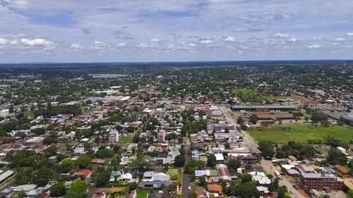 Aerial forward view of the city of Posadas, Misiones in Argentina