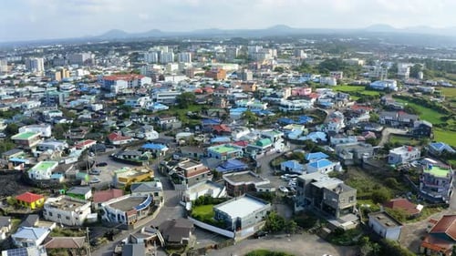 Jeju Island traditional house scenery. Rural village. Drone view