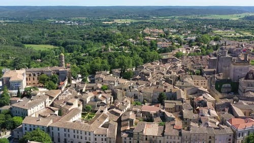 View of beautiful town of Uzes, Gard department, France. Aerial view of the historic town of Uzes, F