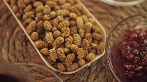 Dried Mulberries and Pomegranate Seed Macro Close-Up