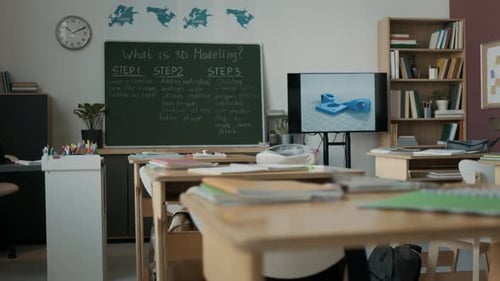 Empty Classroom with Desks, Chalkboard, and Bookshelves