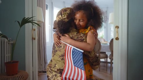 Soldier Homecoming with Child's Warm Embrace