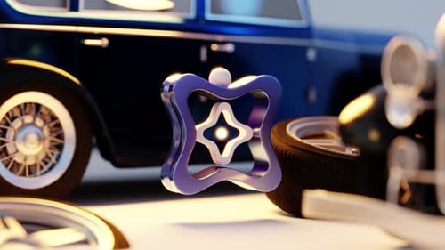 Representación 3D de una pelota rodando en bucle sobre un equipo brillante cerca de un coche retro