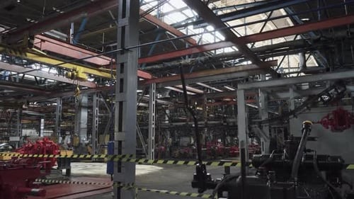 Space in Factory Production Workshop is Fenced Off with Tape to Prevent Access