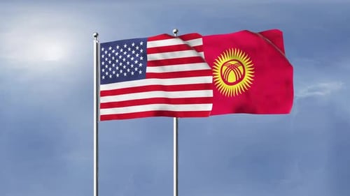 USA and Kyrgyzstan Flags Waving on Flagpoles Against Blue Sky