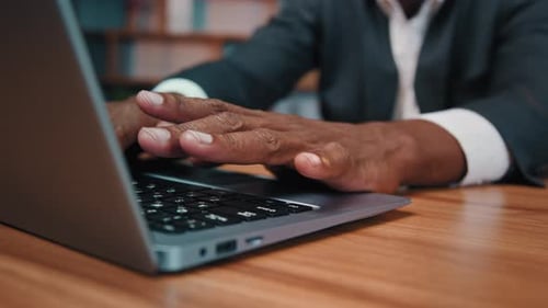 Closeup Male Hands Typing on Laptop African American Businessman Working Online Using Computer