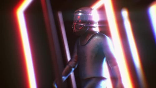 Futuristic Character Walking Through Sci-Fi Neon Light Corridor