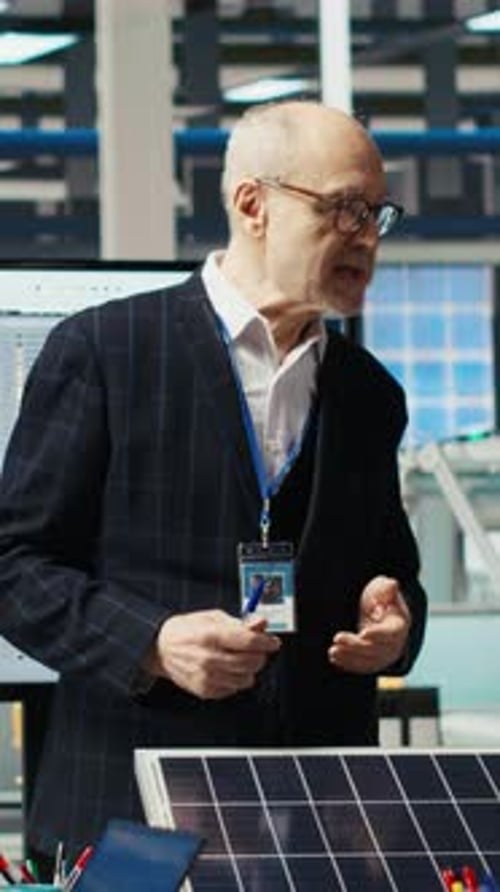Vertical Video Businessmen in Photovoltaics Factory Doing Financial Investments