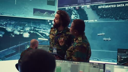 High Tech Office With Camouflage-Clad Workers