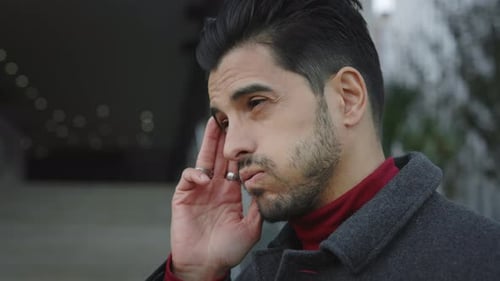 Exhausted Young Multiethnic Business Man Office Worker Stand Outdoors Stressed Overworked