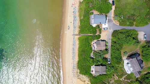 Overhead Aerial Drone Footage of Beach Houses, Dunes, and Turquoise Shoreline