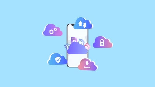 Animated Mobile Phone with Cloud Icons for Storage, Security and Data Transfer.